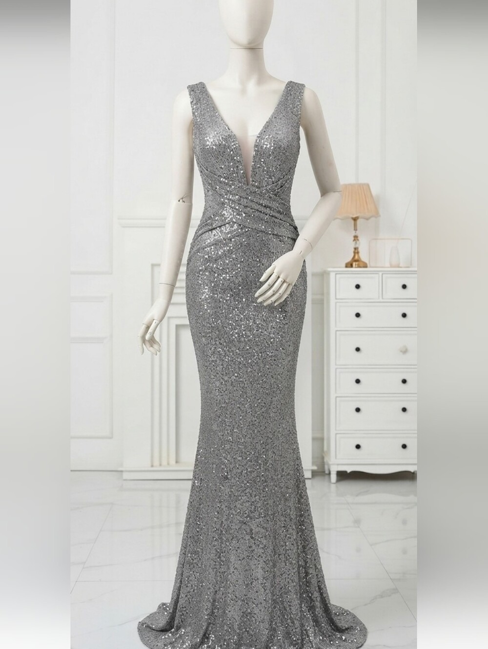 Grey, Ruched, Backless, Sleeveless,  Contrast Sequined and Mesh Mermaid … - Picture 11 of 11